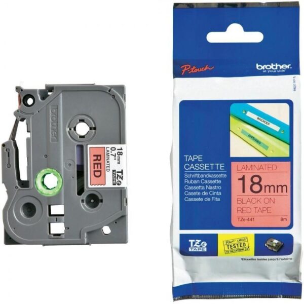 BROTHER CINTA ROTULADORA LAMINADA TEXTO NEGRO SOBRE ROJO - 18MMX8M