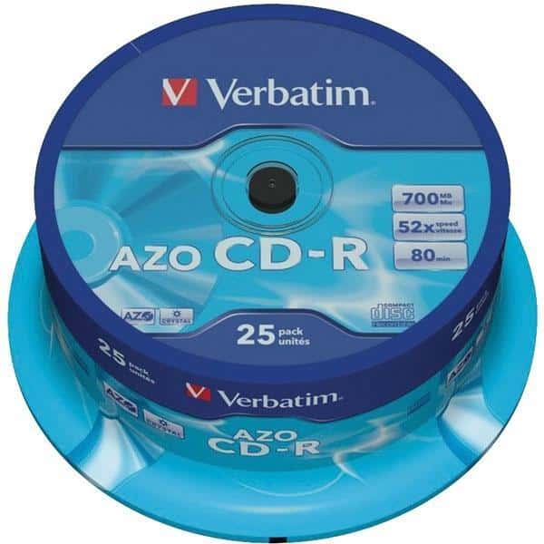 VERBATIM CD-R AZO, 700MB, 52X, 25 PACK SPINDLE, SUPERFICIE CRYSTAL
