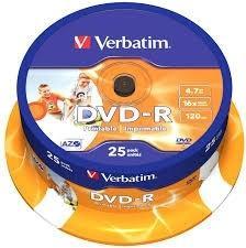 VERBATIM DVD-R, 4.7GB, 16X, 25 PACK SPINDLE, SUPERFICIE WIDE INKJET PRINTABLE (21 -118MM)