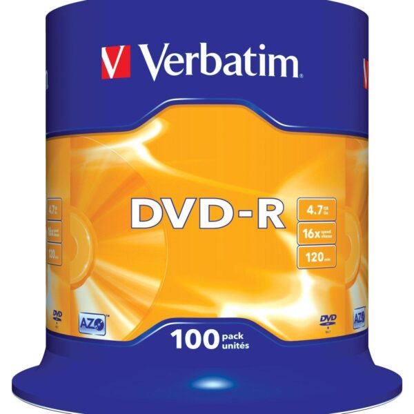 VERBATIM DVD-R, 4.7GB, 16X, 100 PACK SPINDLE, SUPERFICIE MATT SILVER