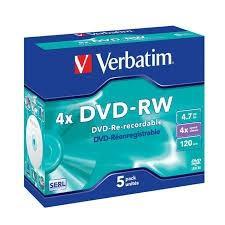 VERBATIM DVD-RW, 4.7GB, 4X, 5 PACK JEWEL CASE, SUPERFICIE MATT SILVER