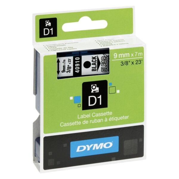 DYMO CINTA DE TRANSFERENCIA TERMICA D1 40910. ETIQUETAS ESTÁNDAR NEGRO SOBRE TRANSPARENTE DE 9MMX7M. POLIESTER AUTOADHESIVA. ROTULADORA LABELMANAGER