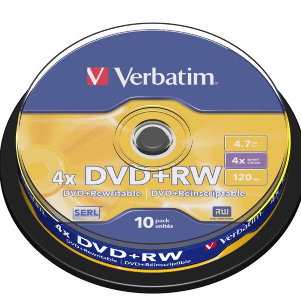 VERBATIM DVD+RW, 4.7GB, 4X, 10 PACK SPINDLE, SUPERFICIE MATT SILVER