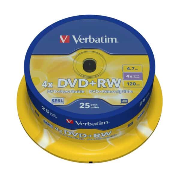 VERBATIM DVD+RW, 4.7GB, 4X, 25 PACK SPINDLE, SUPERFICIE MATT SILVER REGRABABLE