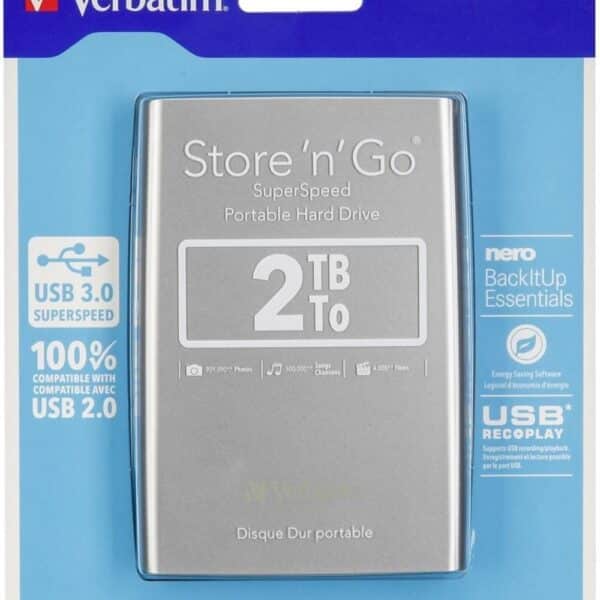 VERBATIM DISCO DURO PORTÁTIL STORE 'N' GO 2TB HDD 2.5" USB 3.0 PLATA