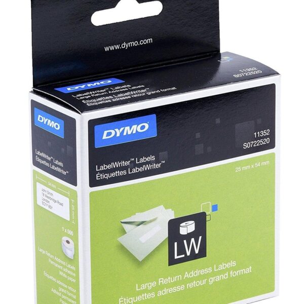DYMO ETIQUETAS DE TRANSFERENCIA TERMICA LABEL WRITER 11352, NEGRA SOBRE FONDO BLANCO, 25X54 MM, ETIQUETAS GRANDES DE DIRECCIÓN DEL REMITENTE. ROLLO DE 500 UD.