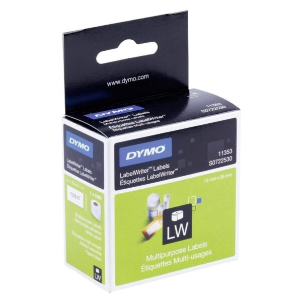 DYMO ETIQUETAS DE TRANSFERENCIA TERMICA LABEL WRITER 11353, NEGRA SOBRE FONDO BLANCO,13X25 MM, ETIQUETAS MULTIUSOS AUTOADHESIVAS. ROLLO DE 1.000 UD.