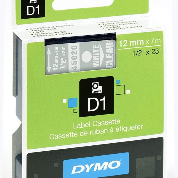 DYMO CINTA DE TRANSFERENCIA TERMICA D1 45020, ETIQUETAS ESTÁNDAR BLANCO SOBRE TRANSPARENTE DE 12MMX7M, POLIESTER AUTOADHESIVA. ROTULADORA LABERMANAGER