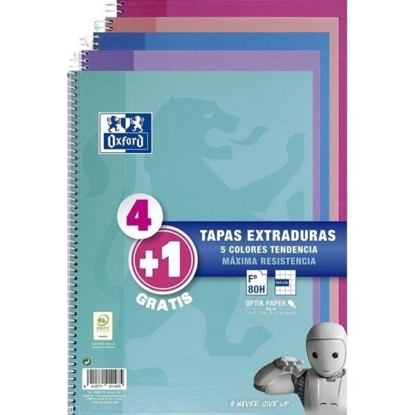 OXFORD CUADERNO ESPIRAL WRITE&ERASE 80H FOLIO 4X4MM C/MARGEN TAPA EXTRADURA PACK 4+1 UD C/SURTIDOS TENDENCIA