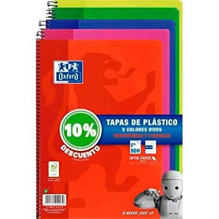 OXFORD CUADERNO ESPIRAL 80H FOLIO 4X4MM C/MARGEN TAPA DE PLÁSTICO PACK 5 UD (10% DTO) C/SURTIDOS VIVOS