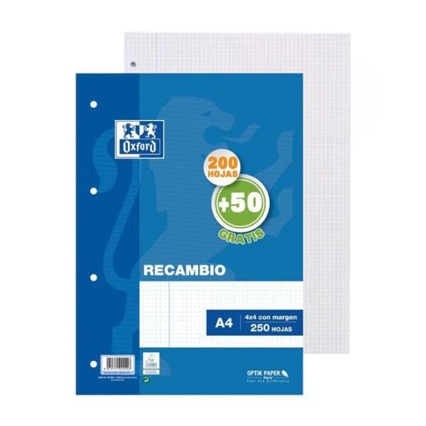OXFORD RECAMBIO 200H + 50H A4 SUELTAS 90GR 4X4MM C/MARGEN 4 TALADROS