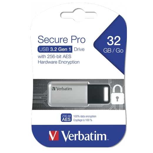 VERBATIM PENDRIVE SECURE PRO 32GB RETRÁCTIL USB 3.2 HARDWARE ENCRYPTION PLATA