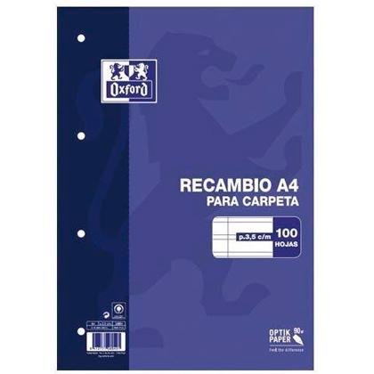 OXFORD RECAMBIO CLASSIC 100H A4 SUELTAS PAUTA 3,5MM C/MARGEN 4 TALADROS