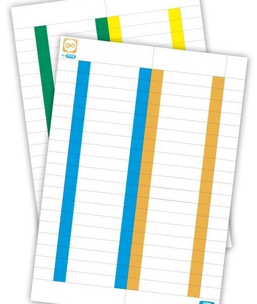 GIO ETIQUETAS PARA VISORES CARPETAS COLGANTES 8,2X1,3 CM 10 HOJAS DE 38 ETIQUETAS COLORES SURTIDOS