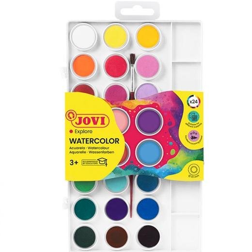 JOVI ACUARELAS EN PASTILLAS 22MM CON PINCEL COLORES SURTIDOS ESTUCHE 24 UD