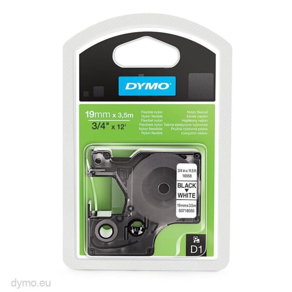DYMO CINTA DE TRANSFERENCIA TÉRMICA D1 16958. ETIQUETAS ESTÁNDAR NEGRO SOBRE BLANCO DE 19MMX3,5M. NYLON FLEXIBLE AUTOADHESIVA. ROTULADORA LABELMANAGER