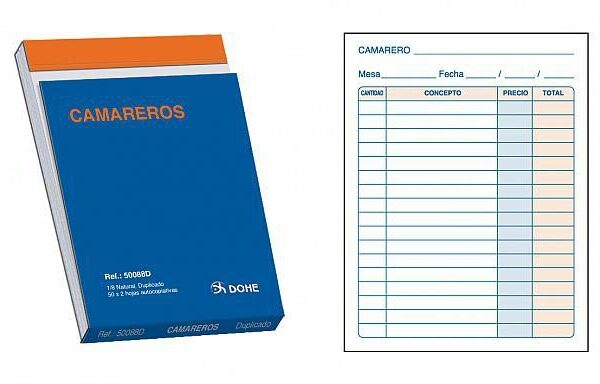 DOHE TALONARIO CAMAREROS OCTAVO NATURAL DUPLICADO AUTOCOPIATIVO -10U-