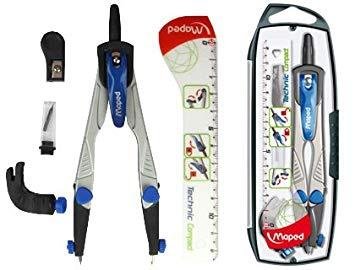 MAPED COMPÁS TECHNIC COMPACT CON ADAPTADOR, ESTUCHE DE MINAS, AFILAMINAS Y REGLA ESTUCHE DE 4 PIEZAS