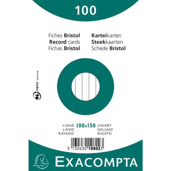 EXACOMPTA PAQUETE 100 FICHAS CARTULINA BRISTOL RETRACTIL LINEA HORIZONTAL SIN TALADRO 100X150MM BLANCO