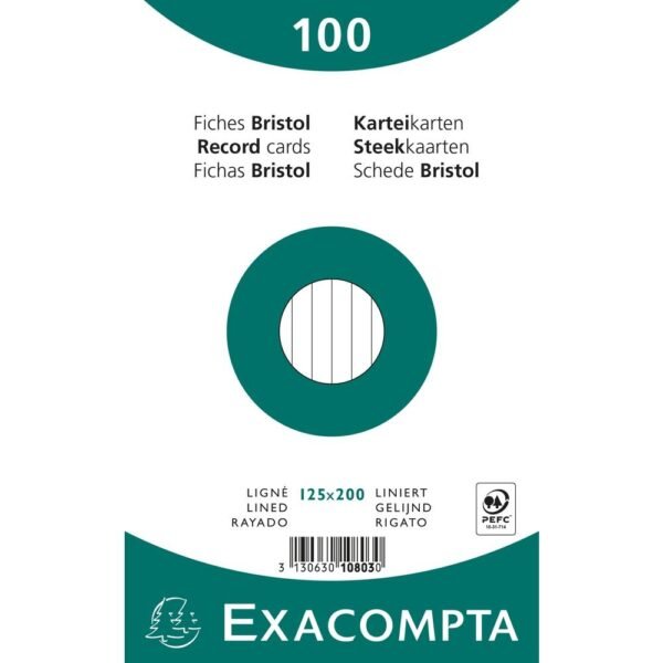 EXACOMPTA PAQUETE 100 FICHAS CARTULINA BRISTOL RETRACTIL LINEA HORIZONTAL SIN TALADRO 125X200MM BLANCO