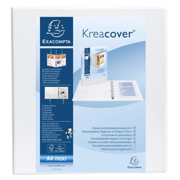 EXACOMPTA CARPETA 2 ANILLAS MIXTAS 40MM KREACOVER FORRADA PP A4+ PERSONALIZABLE 3 BOLSOS EXTERIORES BLANCO