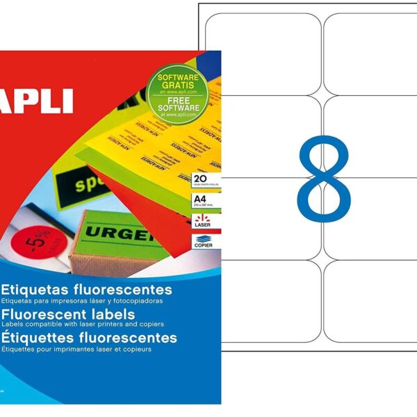 APLI ETIQUETAS ADHESIVAS 99,1X67,7MM LÁSER C/ROMOS 8 X 20H AMARILLO FLUORESCENTE