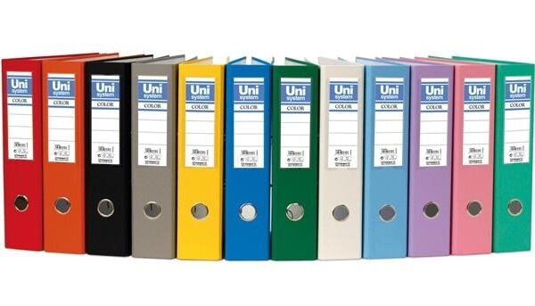 UNISYSTEM ARCHIVADOR PALANCA COLOR 65MM CANTONERA LARGA A4 CARTÓN FORRADO PP NEGRO