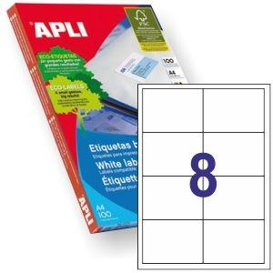 APLI ETIQUETAS ADHESIVAS 97X67,7MM INKJET/LÁSER C/RECTOS 8 X 100H BLANCO