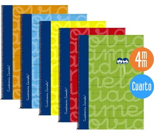 LAMELA CUADERNO ESPIRAL 80H 4º 70GR CUADROVÍA 4MM C/MARGEN CUBIERTA EXTRADURA C/SURTIDOS -PACK 5U-