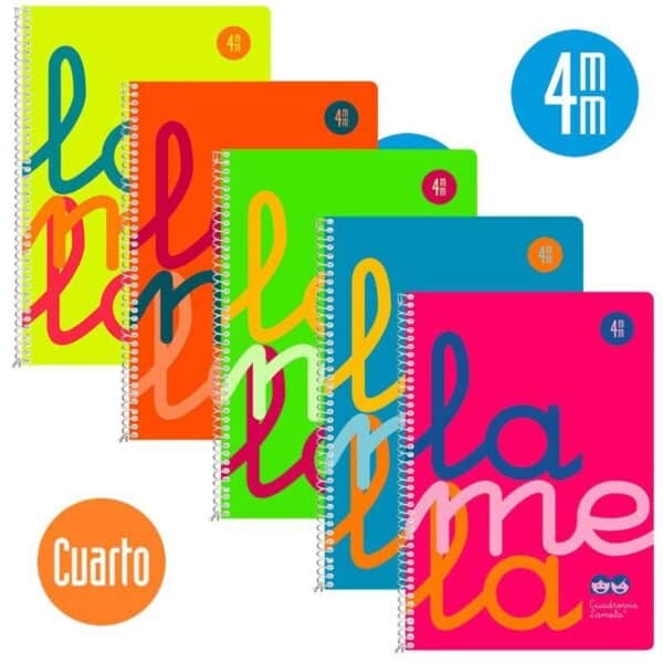 LAMELA CUADERNO ESPIRAL 80H 4º 90GR CUADROVÍA 4MM C/MARGEN CUBIERTA PP C/SURTIDOS FLUORESCENTE