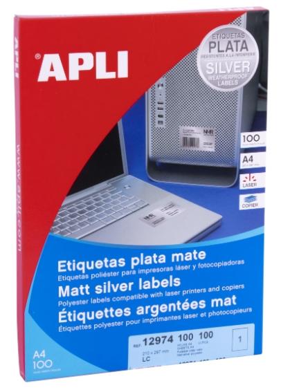 APLI ETIQUETAS ADHESIVAS METALIZADAS 210,0X297,0MM LÁSER C/RECTOS 1 X 100H PLATA
