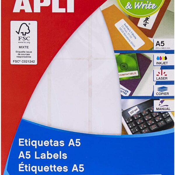 APLI ETIQUETAS ADHESIVAS 34X67MM MANUAL/IMPRESIÓN C/ROMOS 12 X 15H A5 BLANCO