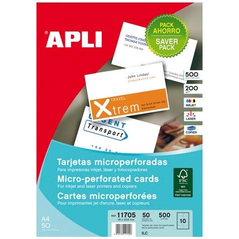 APLI TARJETAS VISITA BLANCO PARA INKJET, LÁSER Y FOTOCOPIADORAS / 90 X 50,8MM / MICROPERFORADO ACABADO MATE 200GR 50 HOJAS