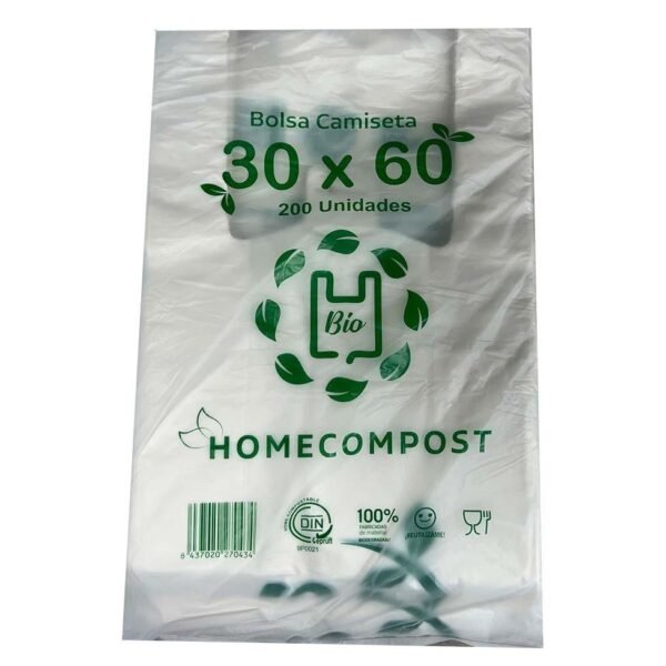 BOLSA DE CAMISETA 30X60CM COMPOSTABLE 14 MICRAS PAQUETE 200 UD