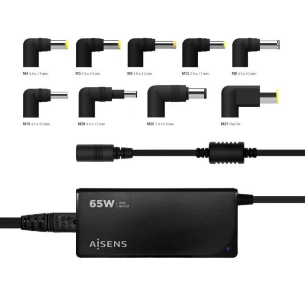 AISENS CARGADOR UNIVERSAL MULTITENSION PARA PORTATIL 65W AUTOMATICO CON 9 CONECTORES + USB-A QC.3.0