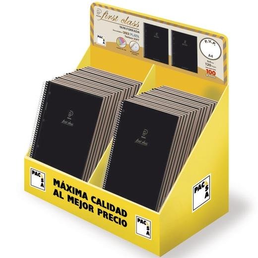 PACSA CUADERNO FIRST CLASS 120H A5 100GR 5X5+GRECA MICROPERFORADO EXPOSITOR 24 UD TAPA NEGRA RELIEVE ORO/PLATA