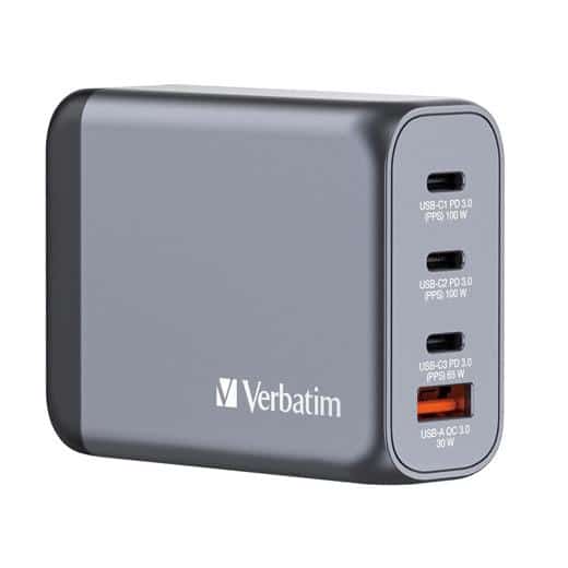VERBATIM GNC-100 CARGADOR PARED GAN 100W USB-A 3.0 Y 3XUSB-C 3.0