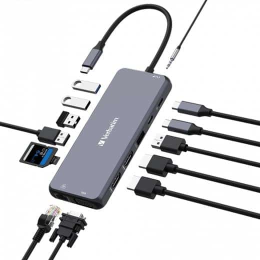VERBATIM HUB PRO USB-C A 2XHDMI/1XVGA/1XRJ45/3XUSB-A 3.2/1XUSB-C 3.2/2XUSB-A 2.0/11XSD/1XMICROSD,1X JACK 3.5/1XUSB-C PD PLATA