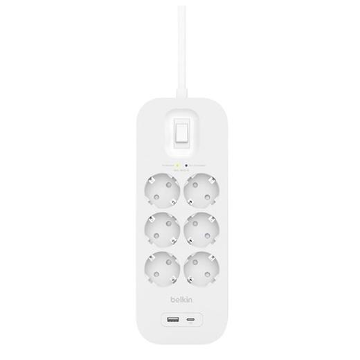 BELKIN REGLETA DE PROTECCION CONTRA SOBRETENSIONES CON 6 TOMAS + USB + USB-C BOTÓN DE APAGADO Y ENCENDIDO 2 METROS BLANCO