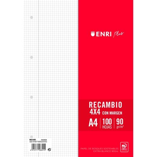 ENRI RECAMBIO PLUS 100H A4 90GR 4X4 C/MARGEN 4 TALADROS BLANCO