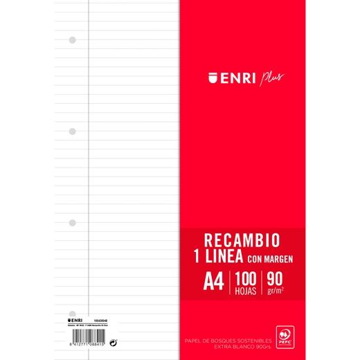 ENRI RECAMBIO PLUS 100H A4 90GR 1 LÍNEA C/MARGEN 4 TALADROS BLANCO
