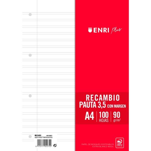 ENRI RECAMBIO PLUS 100H A4 90GR PAUTA 3,5 C/MARGEN 4 TALADROS BLANCO