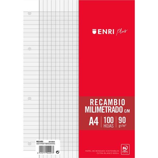 ENRI RECAMBIO PLUS 100H A4 90GR MILIMETRADO C/MARGEN 4 TALADROS BLANCO