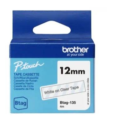 BROTHER CINTA DOMÉSTICA BTAG BLANCO SOBRE TRANSPARENTE - PTN10, PTN20, PTN25BT - 12MMX4M
