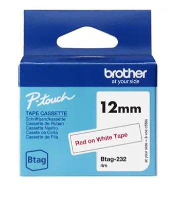 BROTHER CINTA DOMÉSTICA BTAG ROJO SOBRE BLANCO - PTN10, PTN20, PTN25BT - 12MMX4M