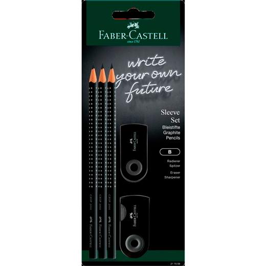 FABER CASTELL SET 3 LÁPICES GRAFITO GRIP + ACCESORIOS SLEEVE BLÍSTER