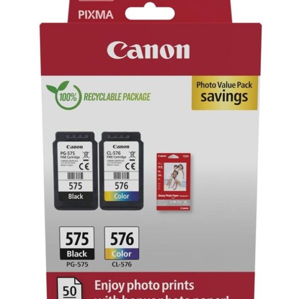 CANON TINTA ECOPACK BK+ C / M / Y + 50H PAPEL FOTOGRÁFICO 10X15 PARA PIXMA TR 4750I/4751I/4755I - TS 3550I/3551I - PG 575 + CL 576