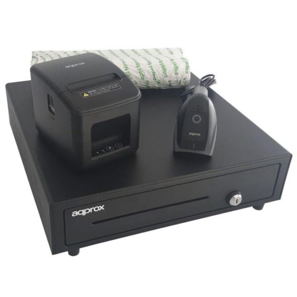 AQPROX KIT TPV CAJON PORTAMONEDAS NEGRO + LECTOR/SCANNER + IMPRESORA TERMICA + PACK ROLLOS PAPEL
