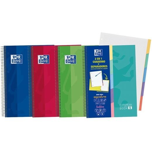 OXFORD CUADERNO EUROPEANBOOK 5 SCHOOL 5 PESTAÑAS 100H A4+ 5X5 T/EXTRADURA C/SURTIDOS