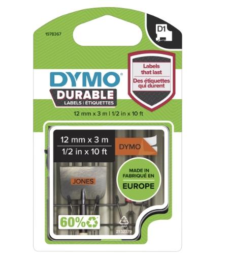 DYMO CINTA DE TRANSFERENCIA TERMICA D1 DURABLE. ETIQUETA PERMANTE NEGRO SOBRE NARANJA DE 12MMX3M. ROTULADORA LABELMANAGER